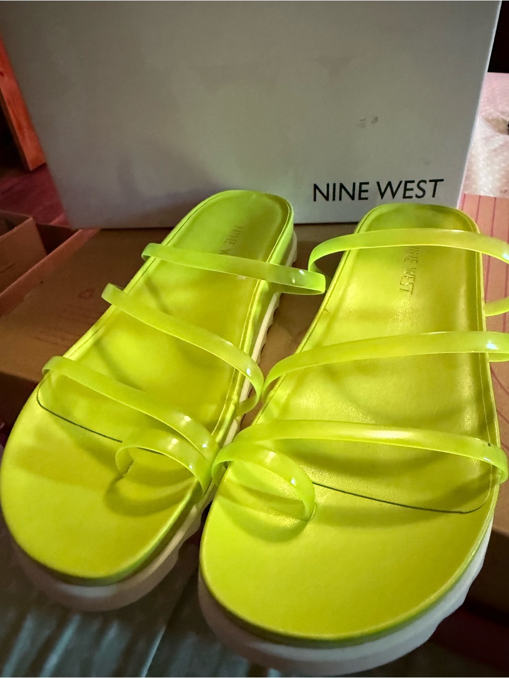 Nine West Neon Yellow Strappy Slide Sandals